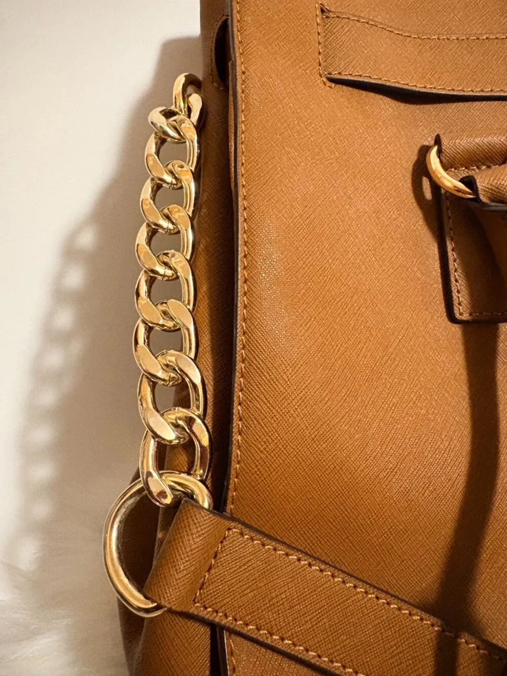 Michael Kors Hamilton Large Saffiano Leather Satchel Brown Gold Lock Bag NWOT